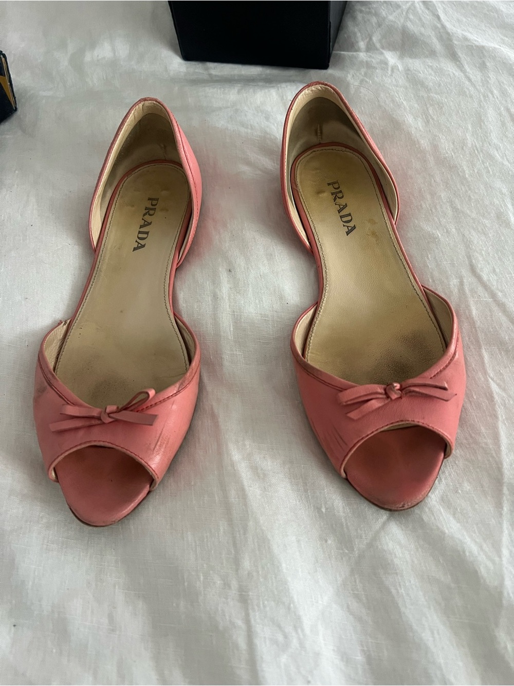Prada Coral Pink Open-Toe Ballet Flats with Bow